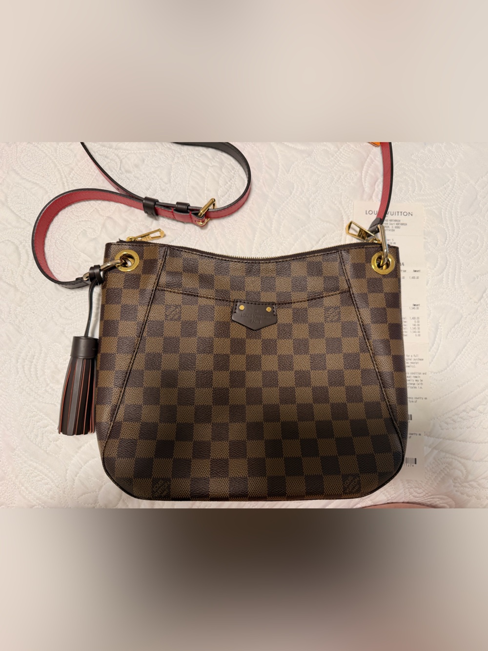Louis Vuitton Brown Damier Ebene Shoulder Bag with Red-Trim Strap